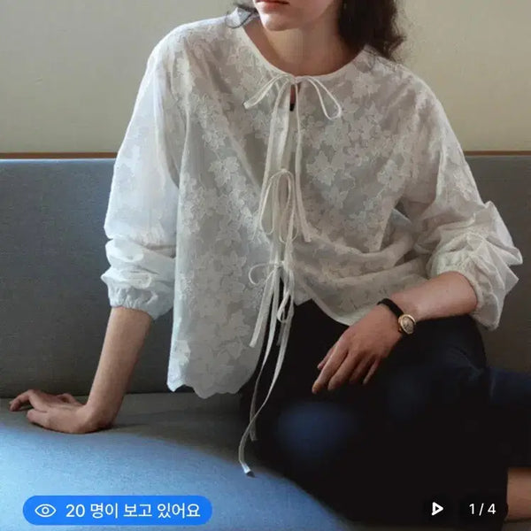 [BUNJANG] Unedit Q Flower Embroidery Ribbon Blouse White / 언에디트 블라우스 (새상품)