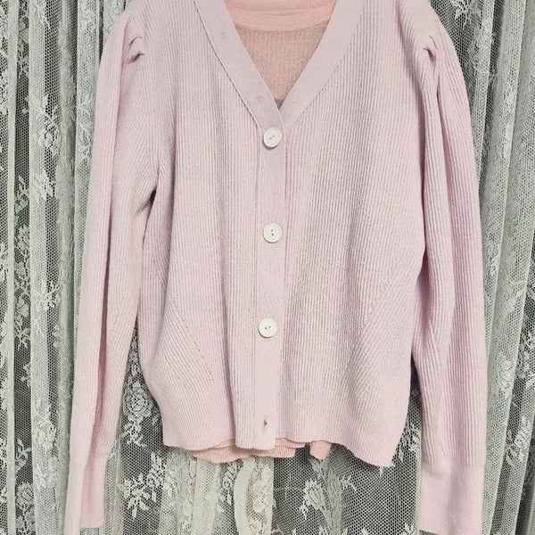 [BUNJANG] Pink V-Neck Knit Cardigan / 핑크색 브이넥 니트 가디건(새상품)