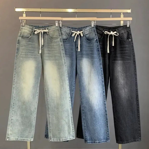 [BUNJANG] Vintage Washed String Straight Wide Denim Pants / 빈티지워싱 스트링 일자 와이드 데님팬츠