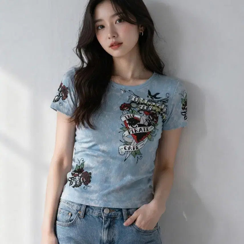 [BUNJANG] Skinny Minnie Vintage Tattoo Art Rhinestone T-Shirt / [L] 빈티지 Skinny Minnie 타투 아트 라인스톤 티셔츠