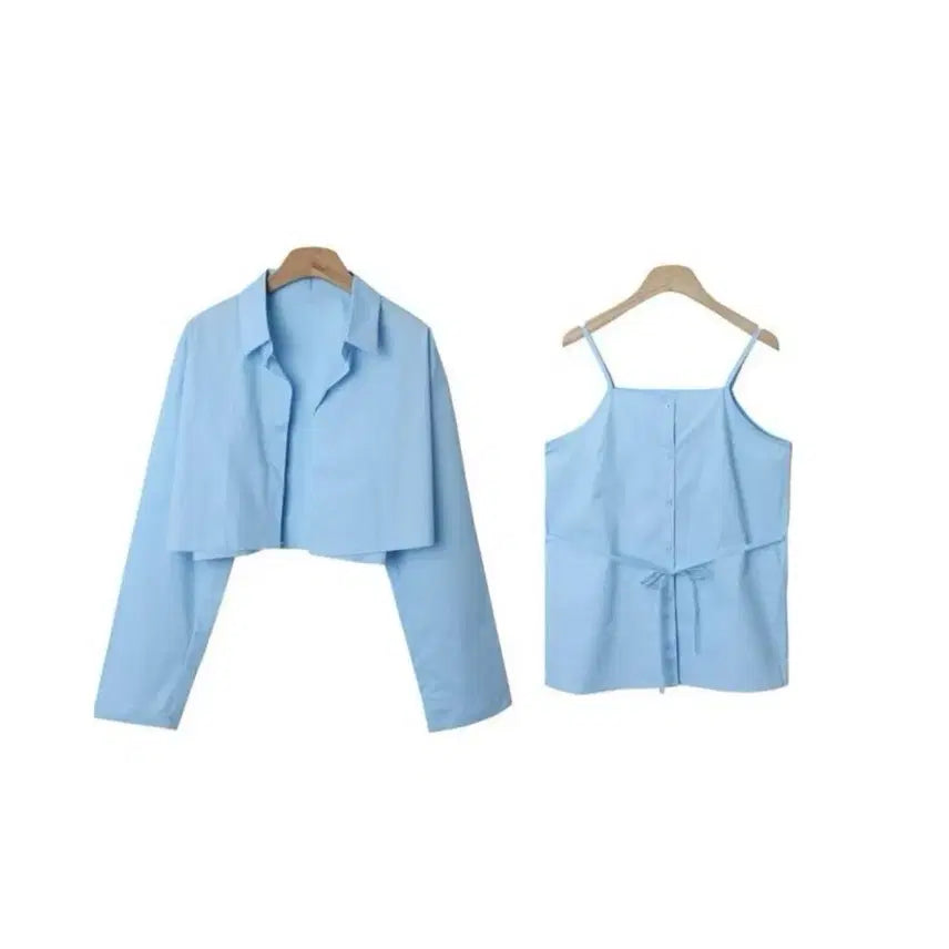 [BUNJANG] Sky Blue Sleeveless Crop Shirt Set / 스카이 블루 나시 +크롭 셔츠 세트
