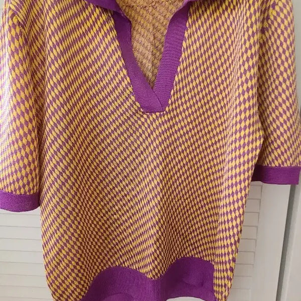 [BUNJANG] ZARA Purple Yellow Check Knit Polo Shirt L / ZARA 퍼플 옐로우 체크 카라 니트