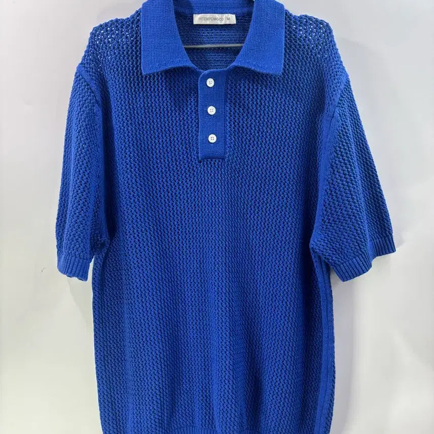 [BUNJANG] INTEMPOMOOD Cotton Mesh Knit Polo Short Sleeve Shirt - Blue / [M] 인템포무드 코튼 메쉬 니트 폴로 반팔티 / 블루 오픈니트 카라티