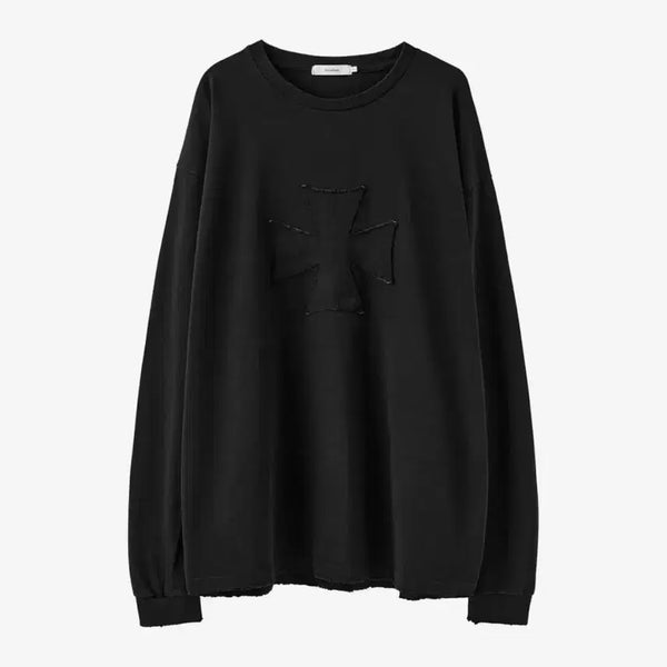 [BUNJANG] Arban Cross Appliqué Distressed Long Sleeve - Fade Black / [2] 아르반 크로스 아플리케 디스트로이드 롱슬리브_페이드 블랙