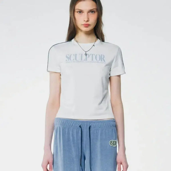 [BUNJANG] Sculptor Classic Logo Piping Crop Short Sleeve Top White / 무신사 스컬프터 클래식 로고 파이핑 크롭 탑 반팔 화이트 M