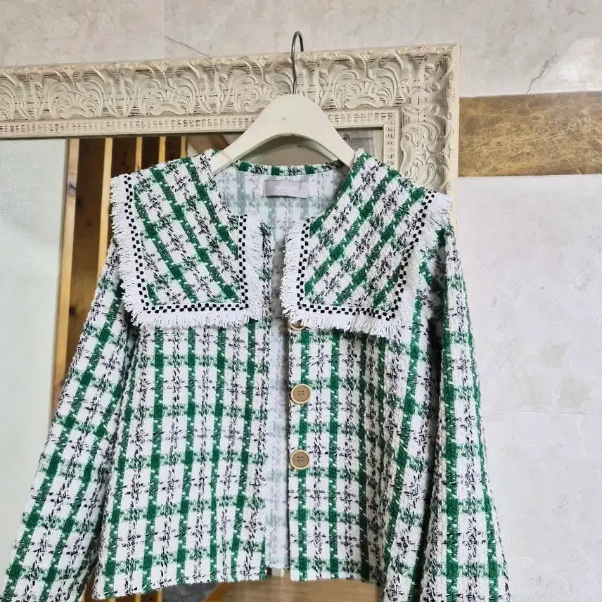 [BUNJANG] Naningoo Green Check Tweed Crop Jacket / 난닝구 그린 체크 트위드 크롭 자켓