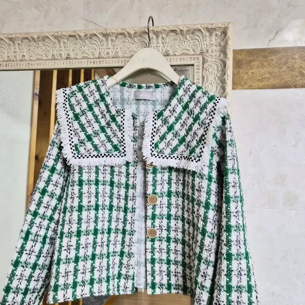 [BUNJANG] Naningoo Green Check Tweed Crop Jacket / 난닝구 그린 체크 트위드 크롭 자켓