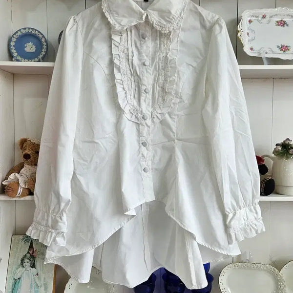 [BUNJANG] BODY LINE Shirring Blouse White Frill Collar / 바디라인(BODY LINE) 셔링 블라우스 화이트 프릴 카라