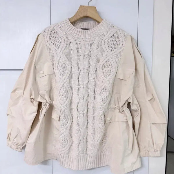 [BUNJANG] Ivory Detail Mixed Shirt Blouse Knit / 새상품 아이보리 디테일 셔츠믹스 블라우스 니트