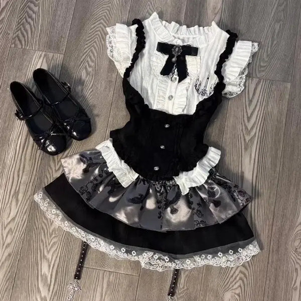 [BUNJANG] Gothic Subculture "Jirai Kei" Maid Set (Shirt, Ribbon, Vest, Skirt) / 고딕 서브컬처 지뢰계 메이드 셔츠+리본+조끼+스커트 세트(예약판매)