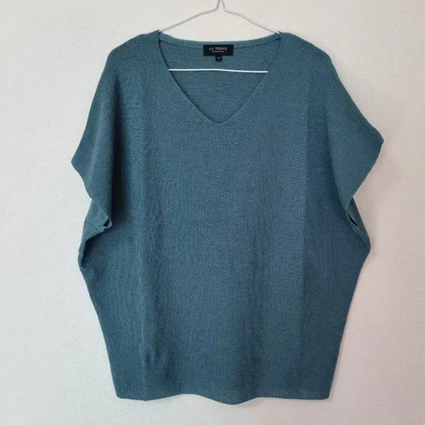 [BUNJANG] Linen Blend Cap Sleeve V-Neck Knit Top - Size 77 / 아마 혼방 캡소매 브이넥 니트 77