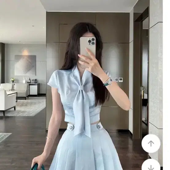 [BUNJANG] Ribbon Blouse and Pleated Skirt Set / 리본 블라우스 스커트 셋업 하늘색