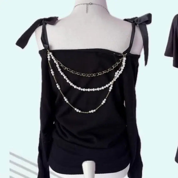 [BUNJANG] Cecil McBee Pearl Chain Off-Shoulder Top / 교신가능 세실맥비 블랙 진주 체인 오프숄더