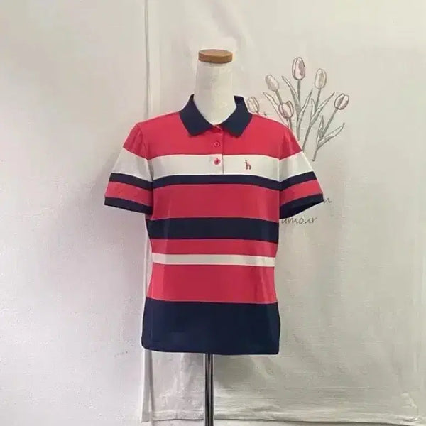 [BUNJANG] Hazzys Golf Women's Striped Short Sleeve Polo Shirt / 헤지스 골프 여성 스트라이프 반팔 폴로 셔츠 482