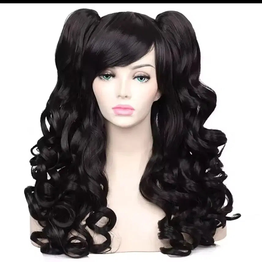 [BUNJANG] Black Wavy Clip-on Twin Tails Wig with Bangs / 패션 통가발 트윈테일 양갈래 블랙 앞머리 웨이브 코스프레