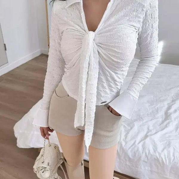 [BUNJANG] Glam Tie Blouse (White) / 글램 타이 블라우스(화이트 1장)