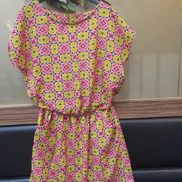 [BUNJANG] Papaya Pattern Short Sleeve Mini Dress / 파파야 패턴 핑크 옐로우 반팔 원피스