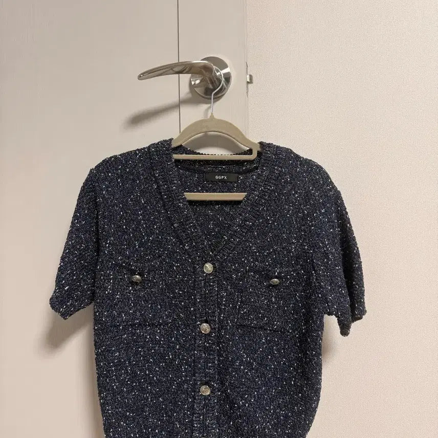 [BUNJANG] GGPX Navy Tweed Short Sleeve Cardigan / GGPX 네이비 부클 반팔티