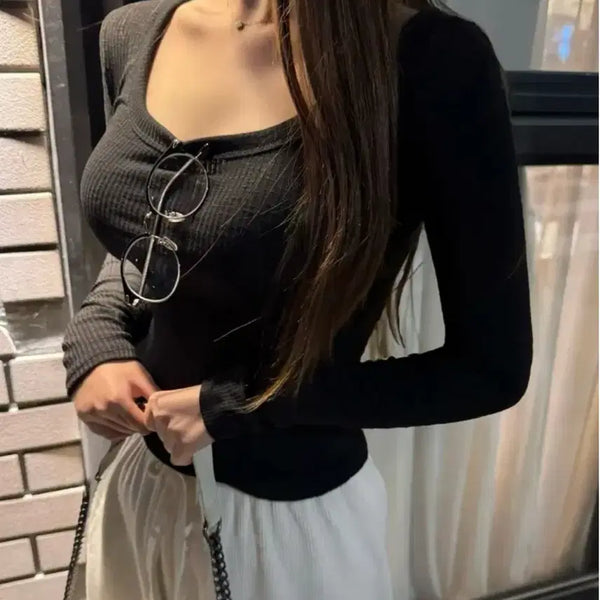 [BUNJANG] U-Neck Ribbed Knit Long Sleeve Top / 몸매보정 U넥 골지니트 긴팔티