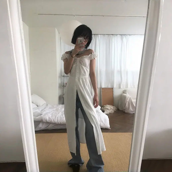 [BUNJANG] Mmeuse Dot Off-Shoulder Maxi Dress / 미뮤즈씨 도트 오프숄더 맥시 원피스