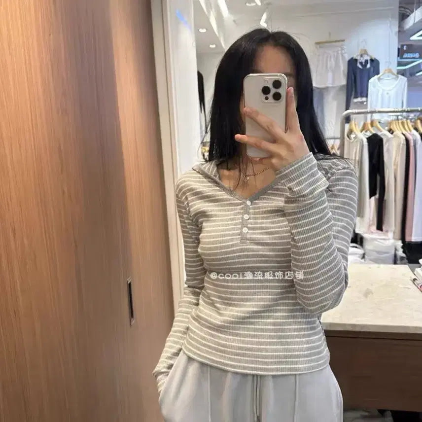 [BUNJANG] Stripe Long Sleeve Hoodie / 모리걸 빈티지 하구미 에이블리 무신사 스트라이프 그레이 긴팔 후드티
