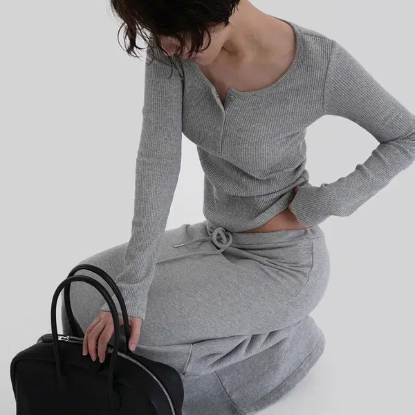 [BUNJANG] Deep V-Neck Button T-Shirt - Grey / 새상품 / 어텀 딥유넥 버튼 티셔츠 그레이
