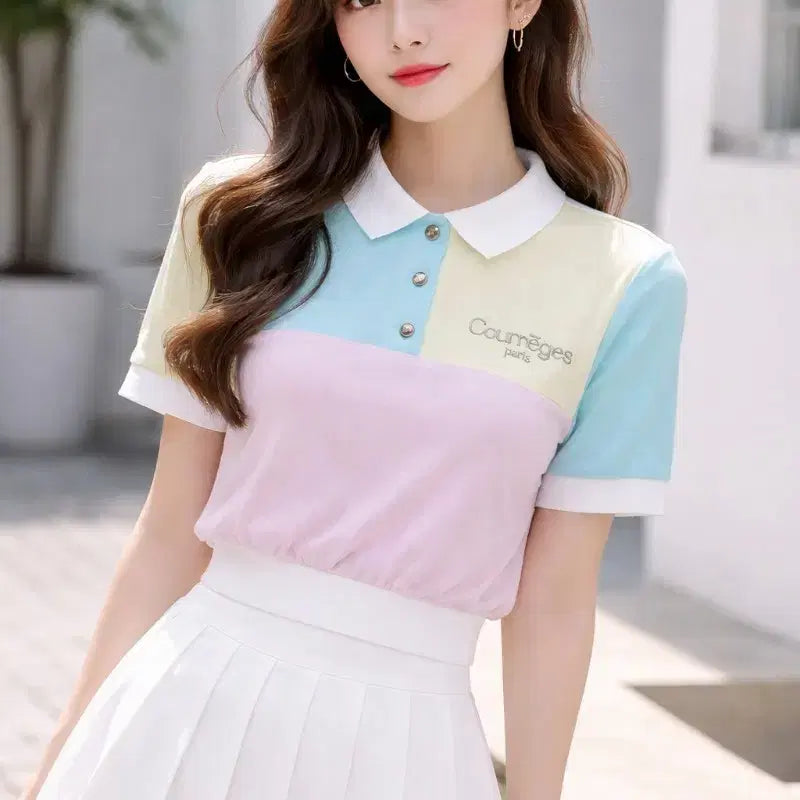 [BUNJANG] Courrèges Pastel Color Block Cropped Short-Sleeve Polo Shirt / [S] Courreges 꾸레쥬 파스텔 배색 크롭 반팔 폴로 셔츠