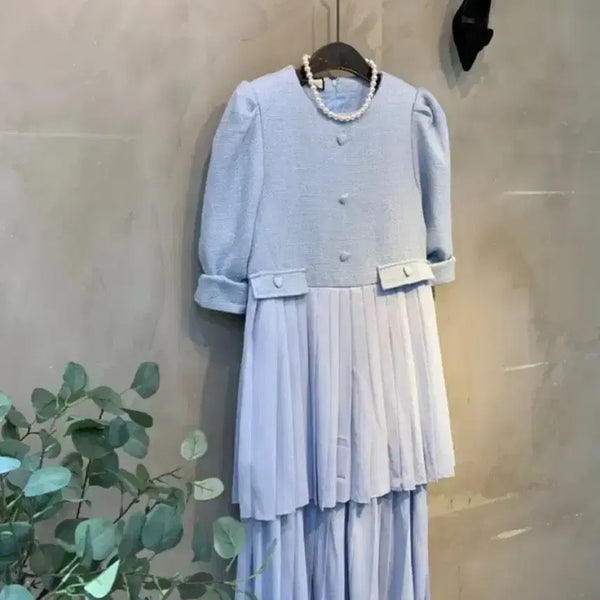 [BUNJANG] Sky Blue Tweed Top Pleated Skirt Long Dress / 롱드레스 원피스하객룩 2부드레스