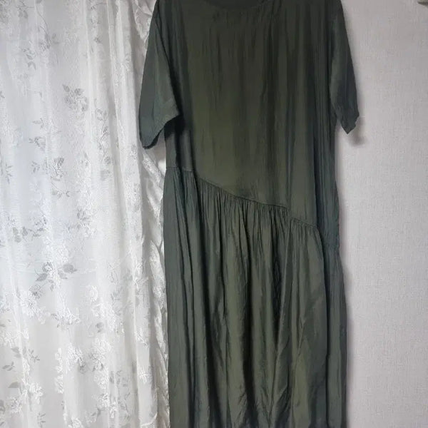 [BUNJANG] Khaki Ruffle Short-Sleeve Long Dress / 카키색 캉캉 반팔 원피스