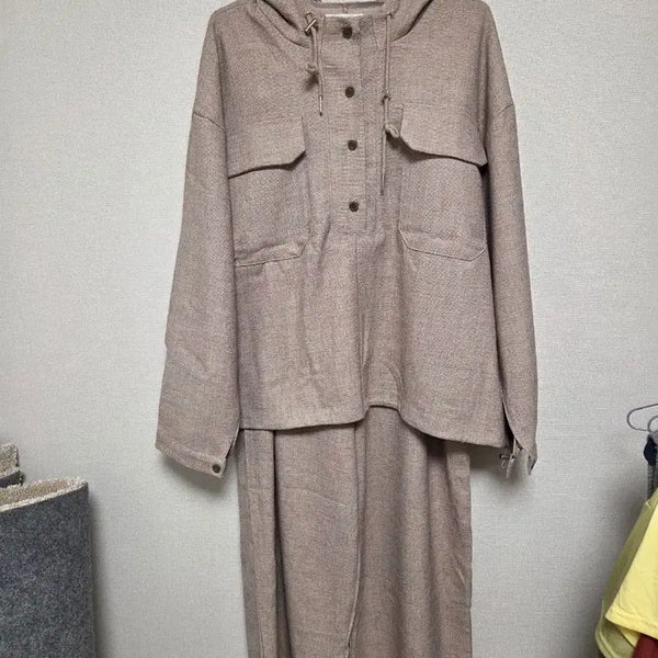 [BUNJANG] Unisex Linen Hooded Set (Beige) / 남녀공용 린넨 후드 세트 고퀄 (베이지)