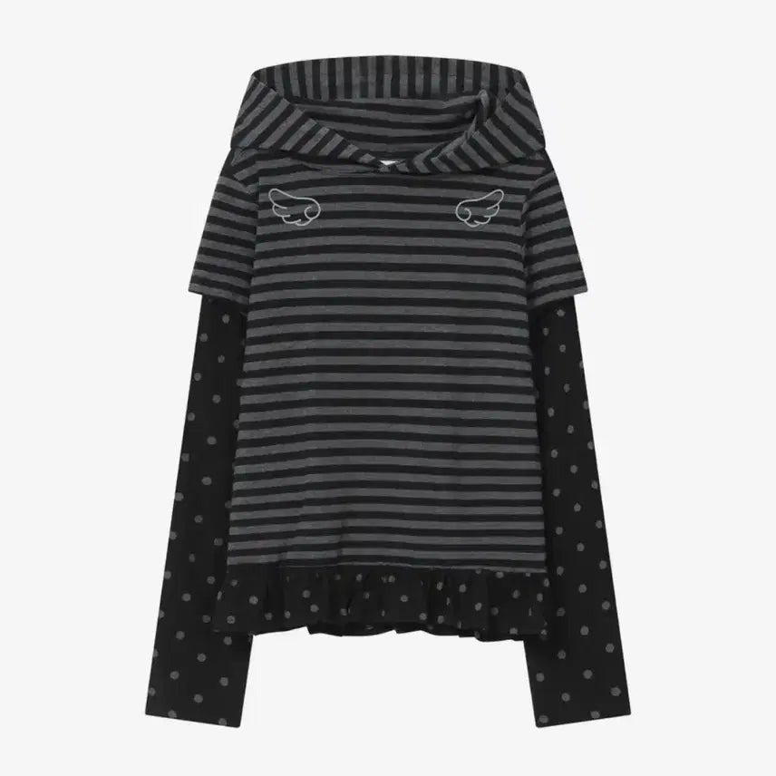[BUNJANG] BAUHF Angel Slim Fit Layered Hoodie T-Shirt [Stripe Black] / 바우프 엔젤 슬림핏 레이어드 후드 티셔츠 [스트라이프 블랙]