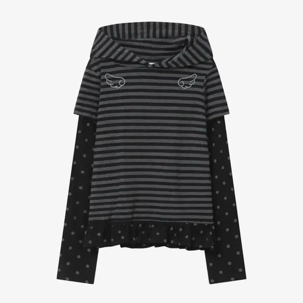 [BUNJANG] BAUHF Angel Slim Fit Layered Hoodie T-Shirt [Stripe Black] / 바우프 엔젤 슬림핏 레이어드 후드 티셔츠 [스트라이프 블랙]