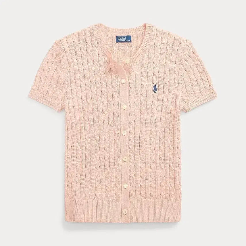 [BUNJANG] Polo Ralph Lauren Women's Twist Short Sleeve Cardigan (Pale Pink/Blue) / 폴로 랄프로렌 여성 트위스트 반팔 가디건(페일핑크/블루)
