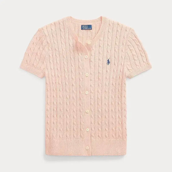 [BUNJANG] Polo Ralph Lauren Women's Twist Short Sleeve Cardigan (Pale Pink/Blue) / 폴로 랄프로렌 여성 트위스트 반팔 가디건(페일핑크/블루)