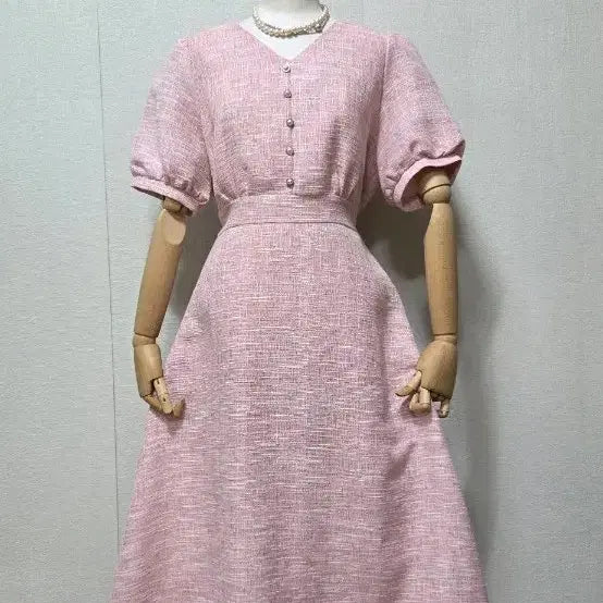 [BUNJANG] Pink Puff Sleeve Long Dress / 핑크 퍼프 반팔 롱 원피스