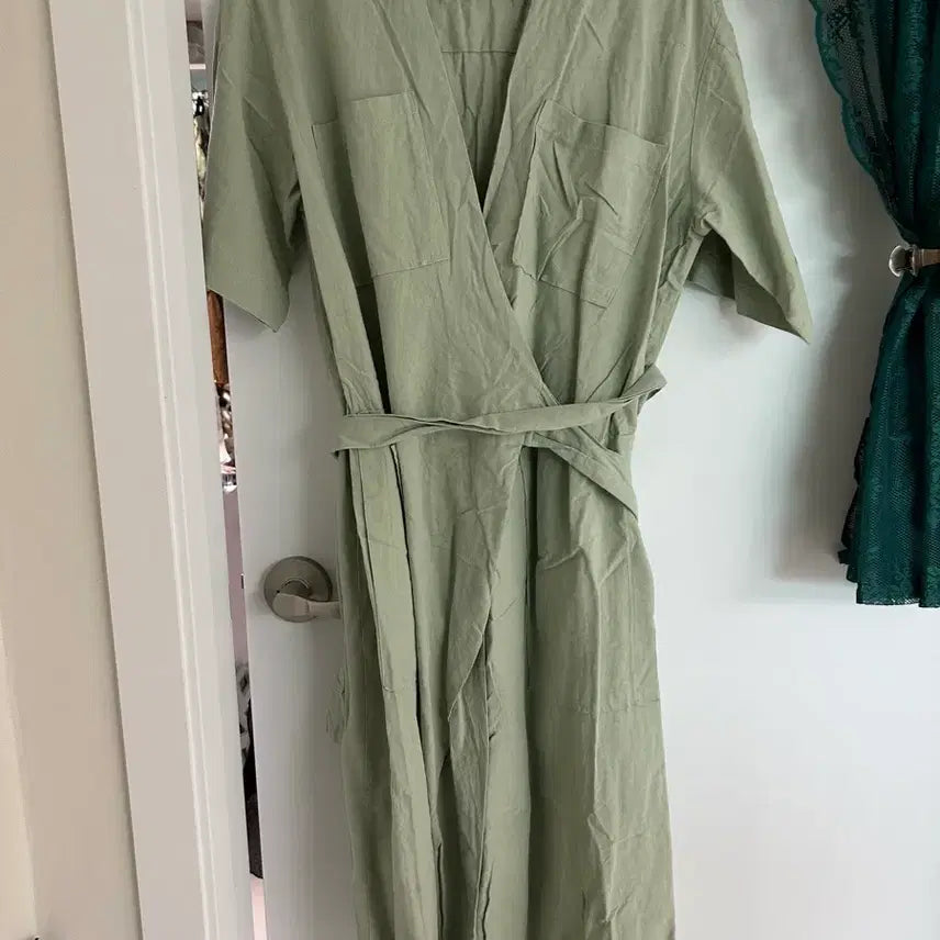 [BUNJANG] Linen Blend Wrap Dress - Khaki (Size 55-77) / 카키색 랩 원피스 린넨면 55-77