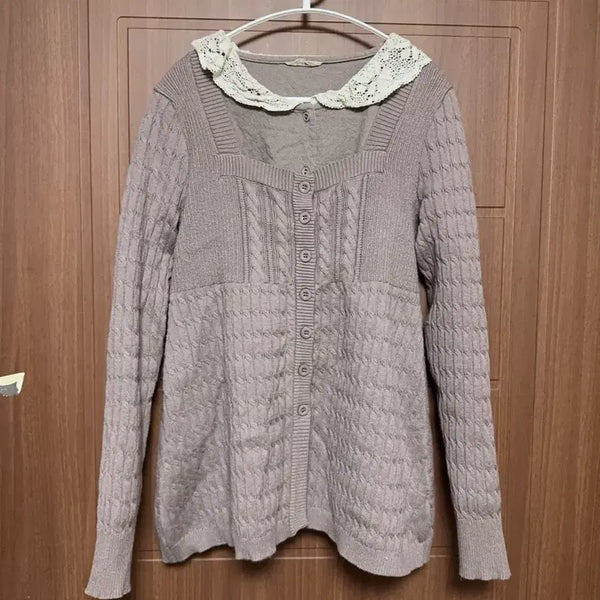 [BUNJANG] Mori Girl Hagumi Japanese Vintage Lace Collar Cable Knit Cardigan & Blouse Set / 모리걸 하구미 일본 빈티지 레이스 카라 꽈배기 니트 가디건 코디세트