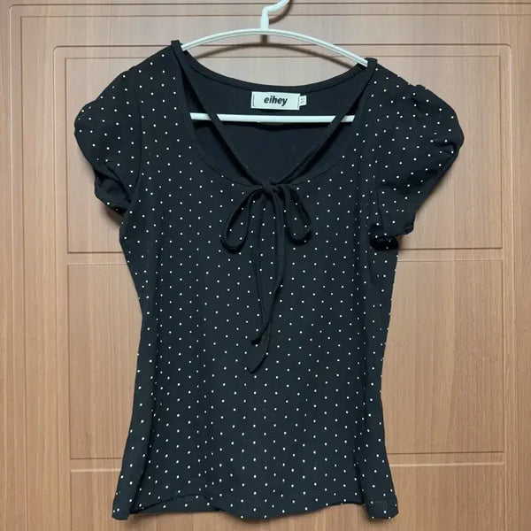[BUNJANG] Abley Vintage Black Dot Puff Sleeve Blouse with Ribbon Tie / 모리걸 하구미 에이블리 빈티지 블랙 도트 퍼프 끈 리본 반팔 블라우스