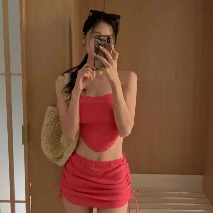 [BUNJANG] 3-Piece Zigzag Bikini Set - Pink / 에이블리 3pcs세트 스커트 수영복 핑크 비키니 여름 지그재그