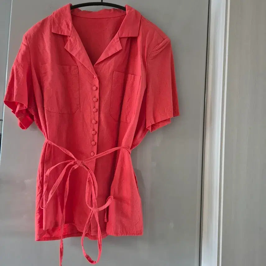[BUNJANG] Women's Short Sleeve Shirt with Waist Tie / 여성 반팔 셔츠 free(허리끈 있음)