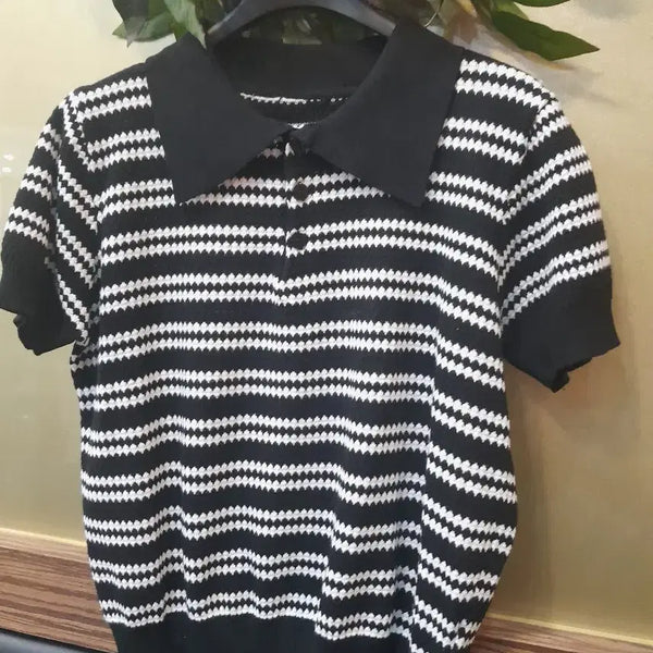 [BUNJANG] Black White Stripe Collar Knit Short Sleeve T-Shirt / 블랙 화이트 스트라이프 카라 니트 반팔