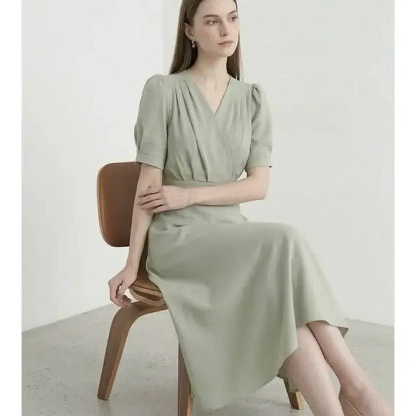 [BUNJANG] Wrap Pleats Short Sleeve Long Dress / 랩 플리츠 반팔 롱원피스