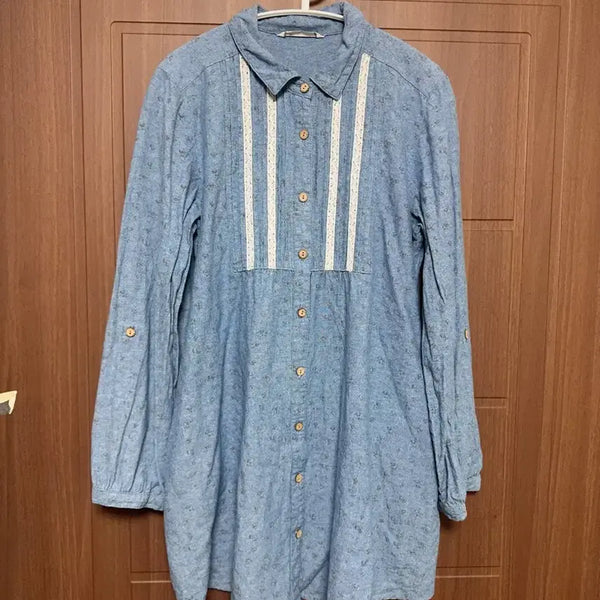 [BUNJANG] Japanese Vintage Suzuko Floral Lace Denim Shirt Dress / 모리걸 하구미 일본 빈티지 스즈코 잔꽃무늬 레이스 데님 셔츠 원피스