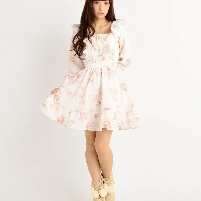 [BUNJANG] Lizlisa Pink Flower Print Long Sleeve Mini Dress + Nordic Cardigan Set / 리즈리사 핑크 드레스 플라워 롱 슬리브 원피스+노르딕 가디건 갸루 로걀