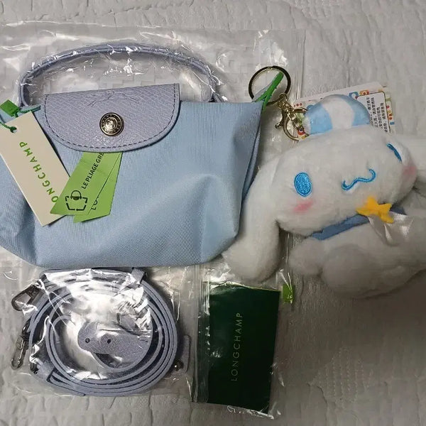 [BUNJANG] Longchamp Le Pliage Sky Blue Crossbody Bag with Sanrio Keychain Set / 정품 롱샴 르플리아쥬 하늘색 + 산리오키링 + 크로스스트랩+ 이너백세트
