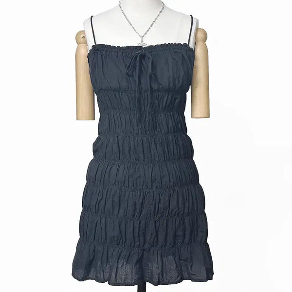 [BUNJANG] Vintage Black Ribbon Shirring Mini Dress Y2K / 일본빈티지 밴딩셔링 리본끈 미니원피스블랙 모리걸하구미룩갸루y2k 히피
