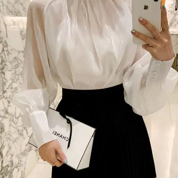 [BUNJANG] 3-Color Sheer Organza Chiffon Ribbon Tie Blouse / [3컬러/*바로배송*] 화이트 오간자 쉬폰 리본 타이 시스루 블라우스