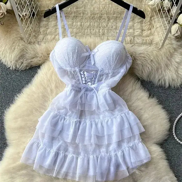 [BUNJANG] White Bustier Lace Ruffle Mini Dress / [당일발송] 화이트 뷔스티에 레이스 프릴 미니 원피스 시스루 섹시 잠옷