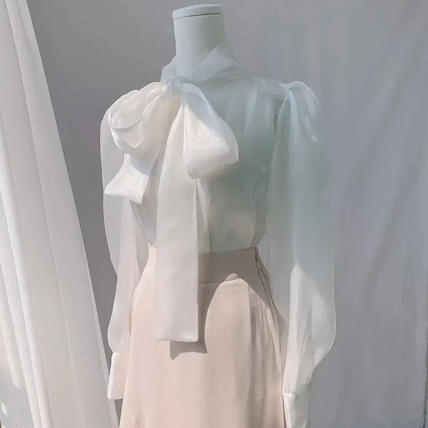 [BUNJANG] Silky Ribbon Tie See-Through Blouse / [당일발송] 실키 리본 타이 시스루 블라우스