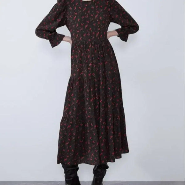 [BUNJANG] Zara Black Red Floral Puff Sleeve Long Dress / 자라 플라워 롱 원피스 블랙 레드